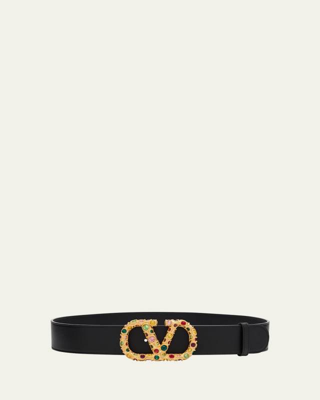V-Logo Signature Embellished Leather Belt